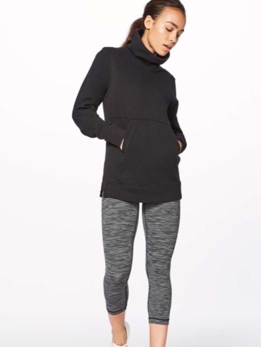 Lululemon Press Pause Pullover Sweatshirt Kangaroo Pocket Funnel Neck Black 10